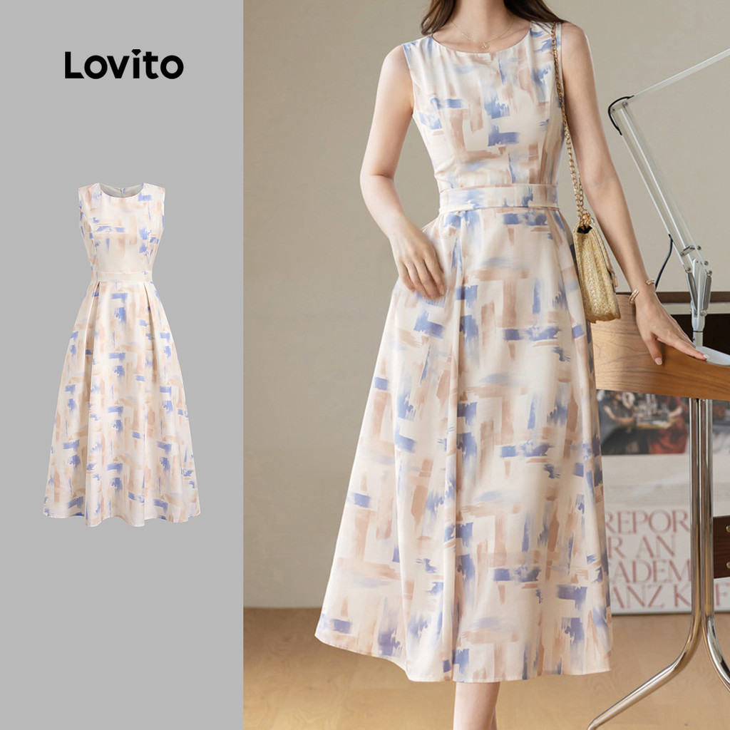 Lovito ชุดเดรสหรูหราแบบเรขาคณิตพร้อมซิป เนื้อผ้านุ่มลื่น สำหรับหญิงสาวฤดูใบไม้ผลิ/ฤดูร้อน L137LD408