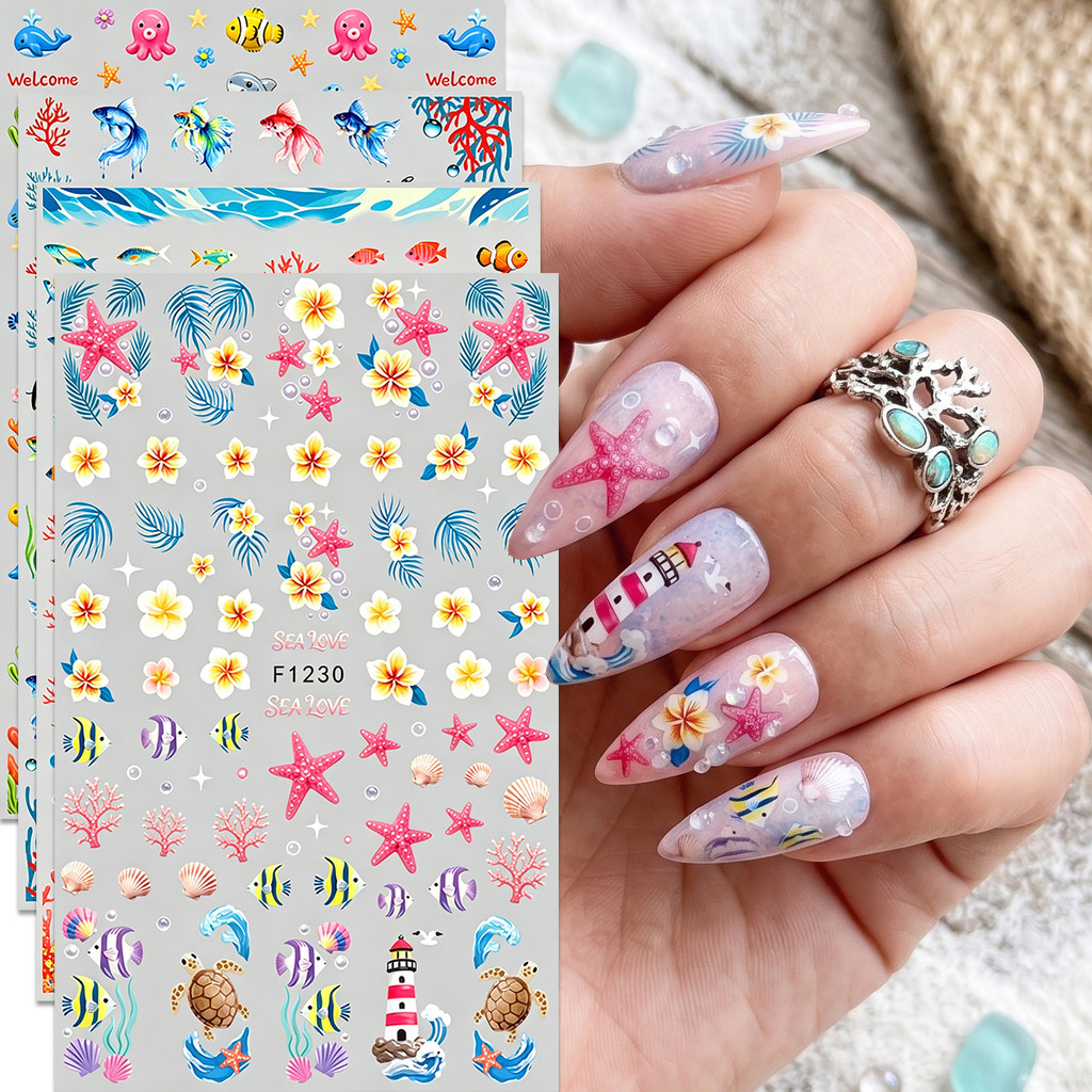 HAMA น่ารักการ์ตูน Beach Marine สัตว์ผลไม้เล็บสติกเกอร์ 3D Flamingo ลิงเป็ดปลาสตรอเบอร์รี่ Lime Self-Adhesive DIY เล็บ Decals เล็บ