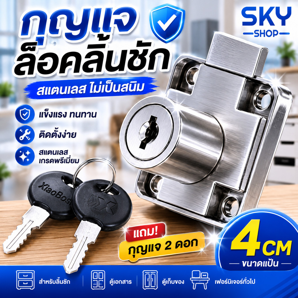 SKY กุญแจล็อคลิ้นชัก สแตนเลส ขนาดแป้น 4 ซม. พร้อมกุญแจ 2 ดอก กุญแจตู้ กุญแจเฟอร์นิเจอร์ สำหรับลิ้นชัก Drawer Lock