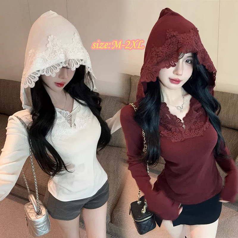99449 พร้อมส่งไทย  เสื้อยืดมีฮู้ด ตัดต่อผ้าลูกไม้ถักมือระดับพรีเมียม ทรงหลวม ผ้าบาง กันแดด สวมใส่ฤดูร้อน สำหรับสตรี