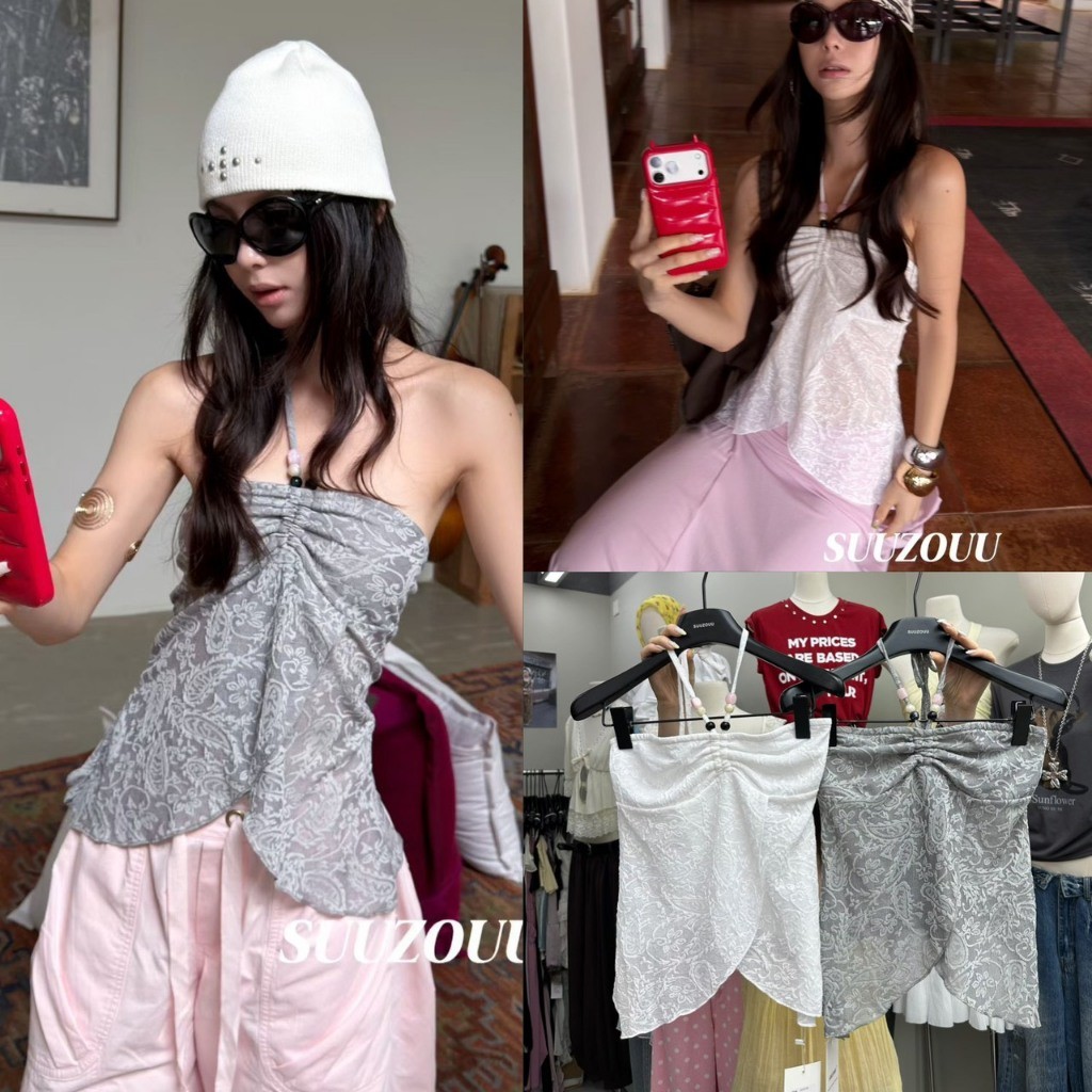 ❤ 🧵 🇰🇷 SU318 เสื้อคล้องคอ ชายโค้ง แต่งลูกปัด ตัวเสื้อมีลายพิมพ์ เก๋มากๆ งานน่ารักมากๆ แฟชั่นเกาหลี TAG MM Fish 🧡