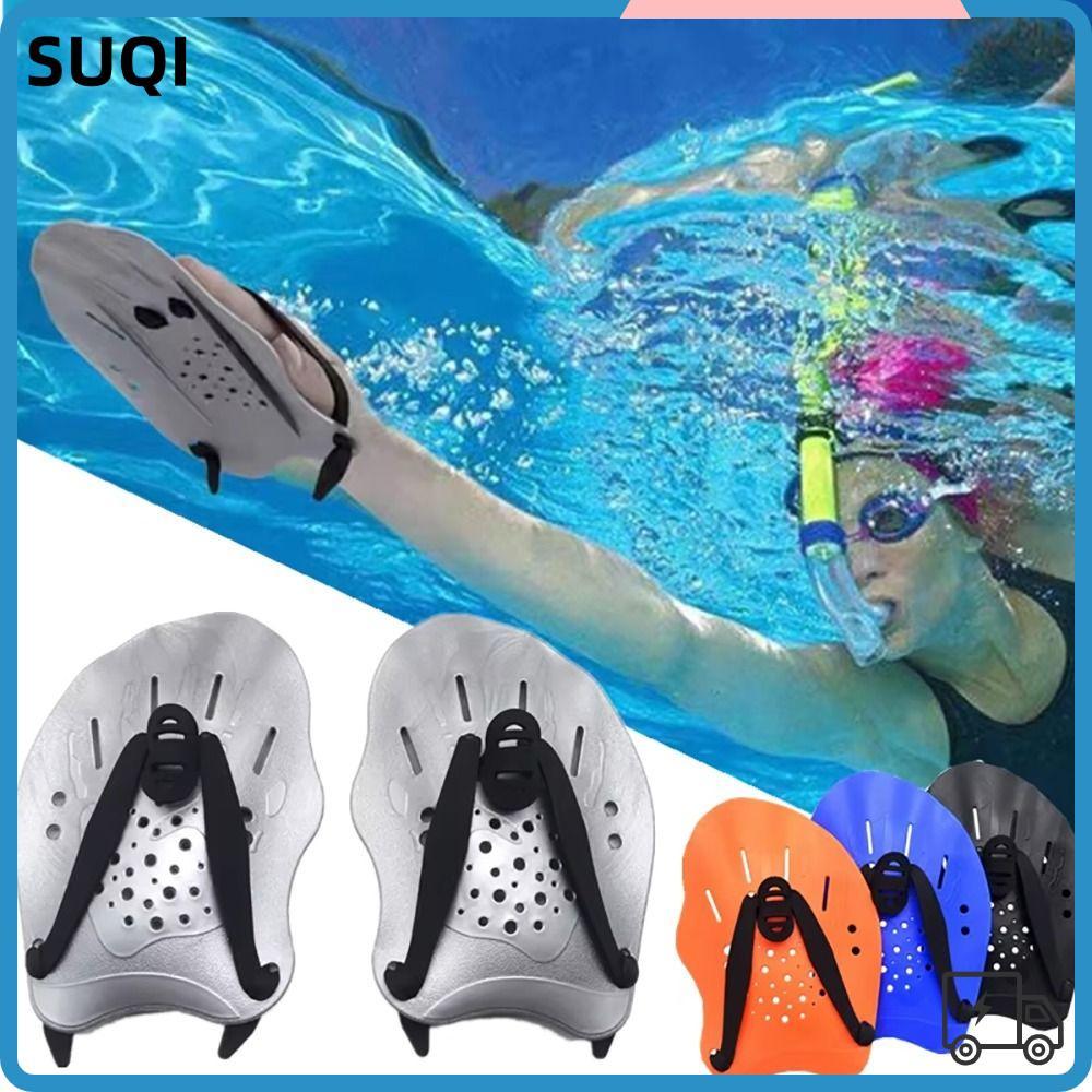 SUQI พายว่ายน้ํา 1 คู่, สายรัดซิลิโคน พายกบว่ายน้ํา Freestyle, ทนทานปรับเด็ก/ผู้ใหญ่มือ Fins Flippers การฝึกว่ายน้ํา