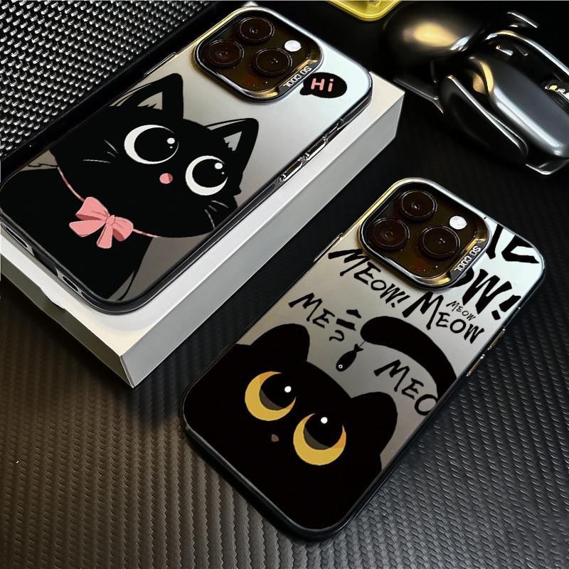 น่ารักแมวดําสําหรับiPhone 16Pro 17 15 14 13 11 Pro Max 12Mini XR SEกันกระแทกฝาครอบป้องกันหน้าจอปลอก