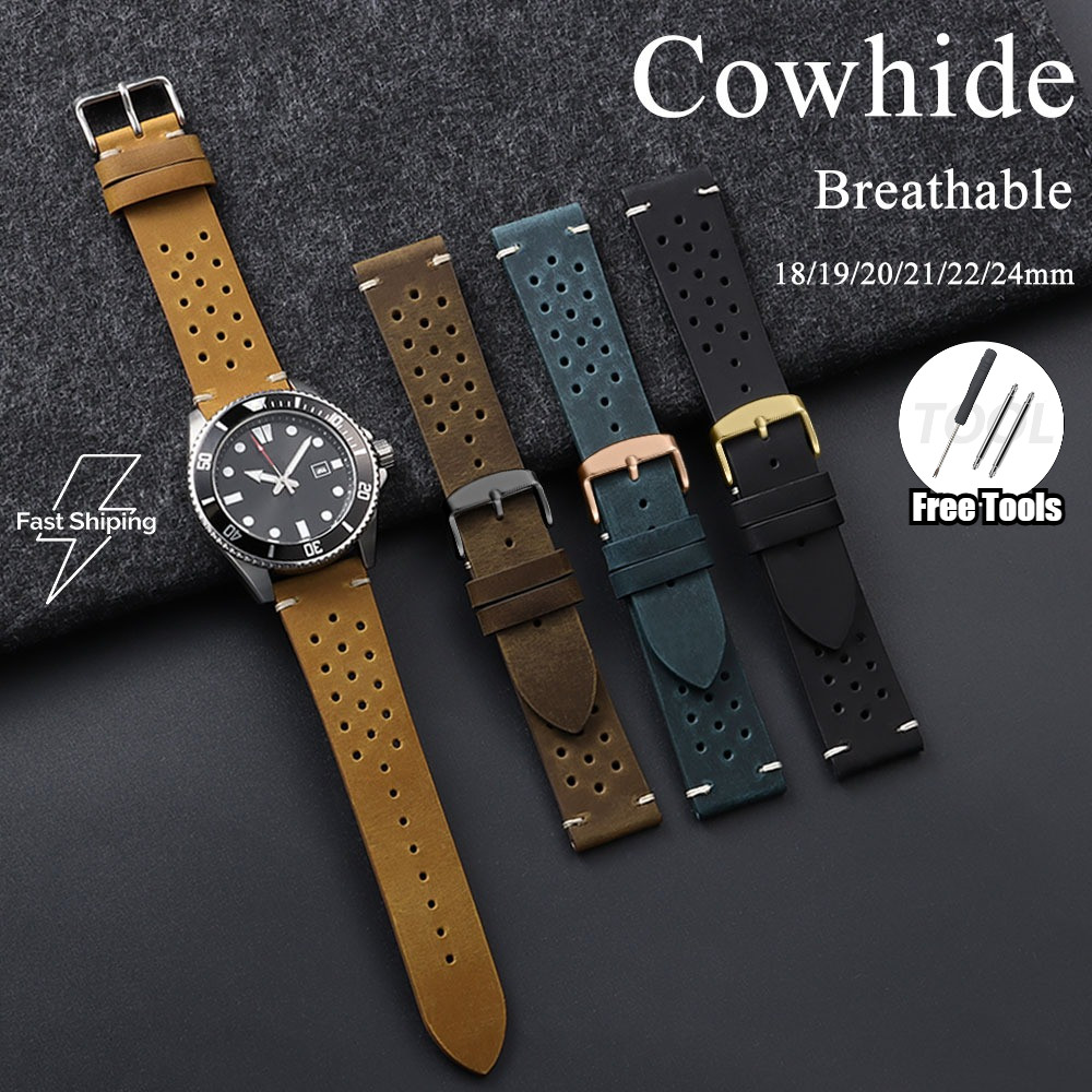 18-24 มม.ขนาด Vintage Rally Crazy Horse Cowhide สายนาฬิกา 18/19/20/20/22/24 มม. Perforated Breathable ของแท้หนังทนทานนาฬิกา