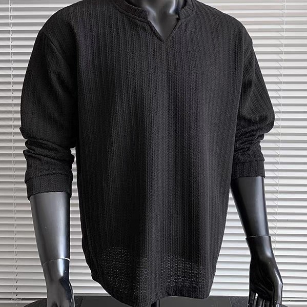 3 สีUndershirt ผู้ชายฤดูใบไม้ผลิแขนยาว V คอ Fishbone Texture Vintage Casual หลวมแฟชั่นฐานชั้น Top