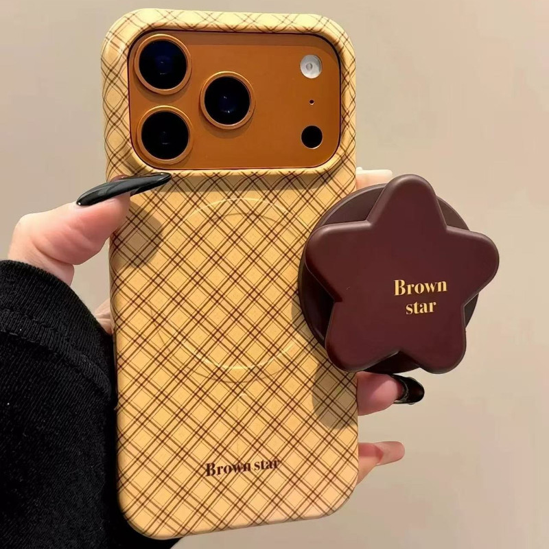 เคสโทรศัพท์ตารางสีเหลืองพร้อมที่วางโทรศัพท์เหมาะสําหรับ ไอโฟน 17โปรแม็กซ์ แอปเปิล 16/15 14 13 การ์ตูนป้องกันการตก