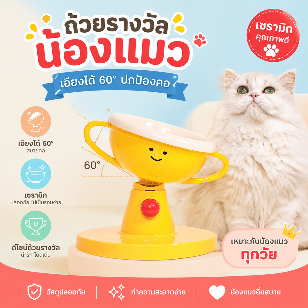 ชามสัตว์เลี้ยงสูง ถ้วยข้าวแมว ชามเซรามิกสัตว์เลี้ยง ปรับระดับความสูงได้ สไตล์ถ้วยรางวัล สุนัขและแมว