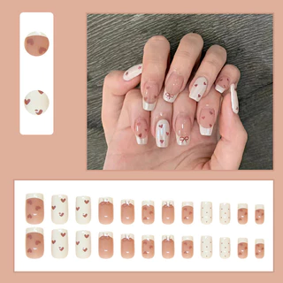 ❤️พร้อมส่ง❤️เล็บปลอมฝรั่งสีขาว ลายโบว์+หัวใจแดง กันน้ำ ติดง่าย ถอดซ้ำได้ เหมาะประจำวันเดท R863