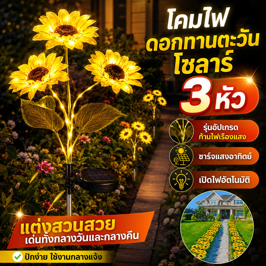 โคมไฟสวนดอกทานตะวัน 3 หัว โซลาร์เซลล์ ไฟตกแต่งทางเดิน สนามหญ้า ลานบ้าน ชาร์จแดด รุ่นก้านเรืองแสง ใช้กลางแจ้ง แสงอุ่น
