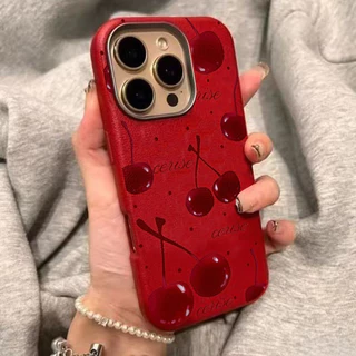 For iPhone เคสไอโฟน เชอร์รี่สีแดง งดงาม ง่าย และทันสมัย 11 17 12 13 สีดำ, ขอบสีขาว เคสไอโฟน 14 15 16 PLUS 16 PRO