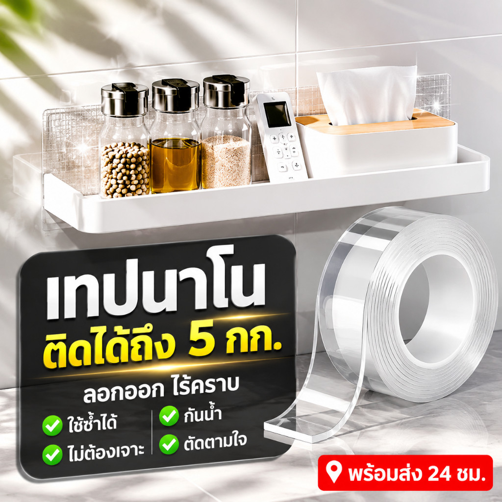 🔥พร้อมส่งในไทย✨3m เทปกาวนาโน แบบสองหน้า เหนียวแข็งแรง ใส เทปกาวกันน้ําแบบใช้ซ้ําได้