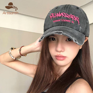 ส่งเร็ว💥หมวกเบสบอลผ้าย้อมวินเทจ ขอบฉีกขาด ปักตัวอักษร สไตล์ฮิปฮอปเกาหลี ป้องกันแดดปรับรอบศีรษะ.COD