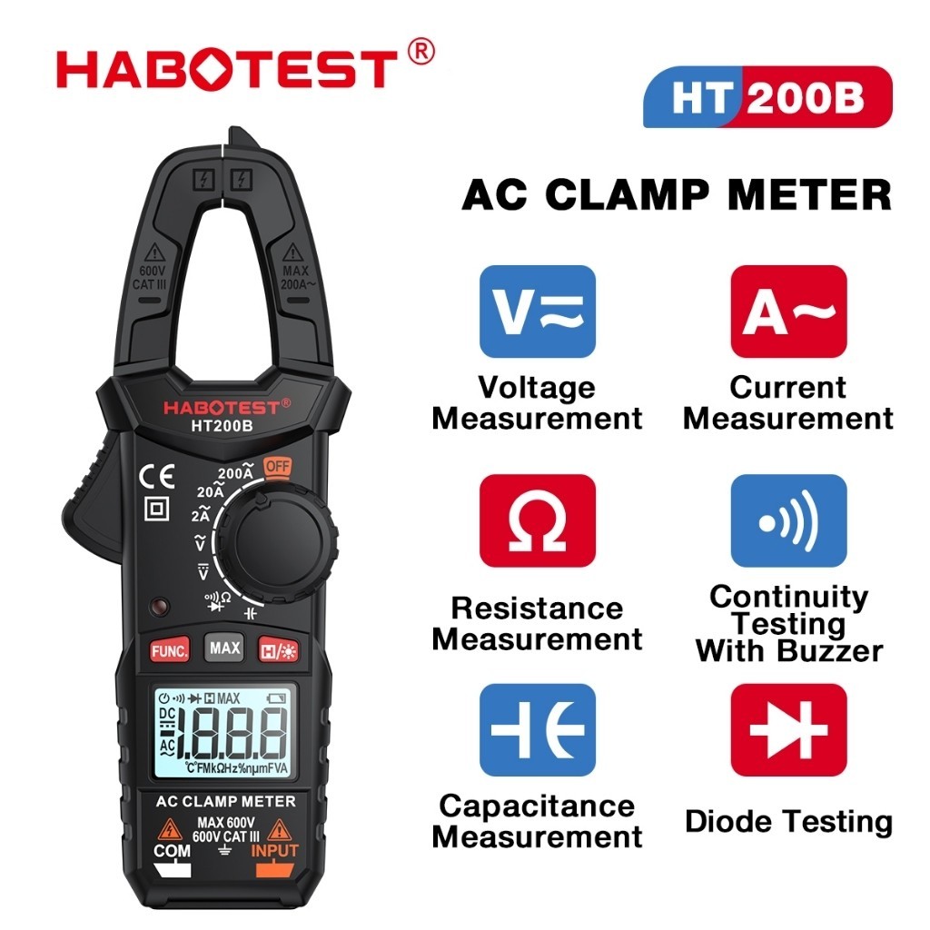 HABOTEST HT200A/B/D AC DC Current 200A แคลมป์มิเตอร์มัลติมิเตอร์เครื่องทดสอบแรงดันไฟฟ้าวัด Capac