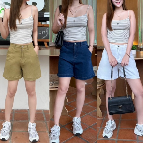 YODO กางเกงขาสั้นยีนส์เอวสูง ยืดหยุ่น 4 สี ดีไซน์รอยพับ ปกปิดต้นขา มีไซส์ใหญ่ S-5XL #6674-6677