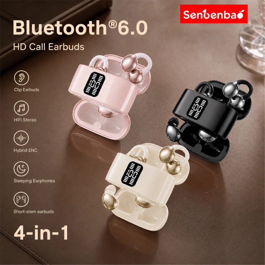 Senbenbao หูฟัง B55 หูฟังไร้สาย Quad Combo 2-in-1 คลิปหูฟัง Bt 6.0 ขั้นสูงชุบเสร็จสิ้น NEC ลดเสียงรบ