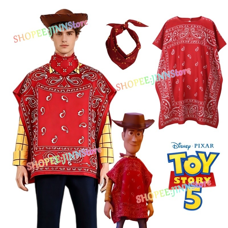 -JINN-TOY STORY 5 คอสเพลย์ WOODY สีแดง Cape เครื่องแบบหมวกชุด WOODY เครื่องแต่งกายอะนิเมะ Party Carn