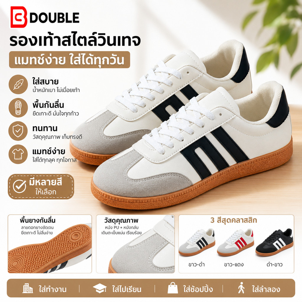 BB Double รองเท้าผ้าใบผู้หญิง ผู้ชาย สไตล์วินเทจ พื้นยางกันลื่น น้ำหนักเบา ใส่สบาย รองเท้าลำลอง ใส่เรียน ทำงาน