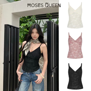 MOSESQUEEN เสื้อเสื้อเบลเซอร์สายเดี่ยวคอวีสายเดี่ยวลูกไม้โปร่งสไตล์ฝรั่งเศสย้อนยุคเย็บสองชั้น #63776