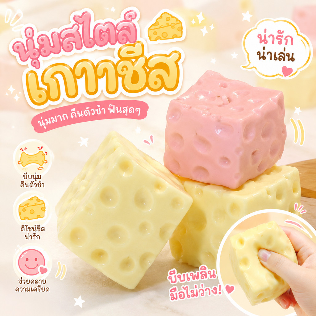 ส่งไว💛Cheese fidget ชีสเนื้อหนึบหนับคลายเครียดขนาด ของเล่นบีบ สกุชชี่ รูปชีส นุ่ม ยืดหยุ่น คลายเครียด บีบสนุก น่ารัก