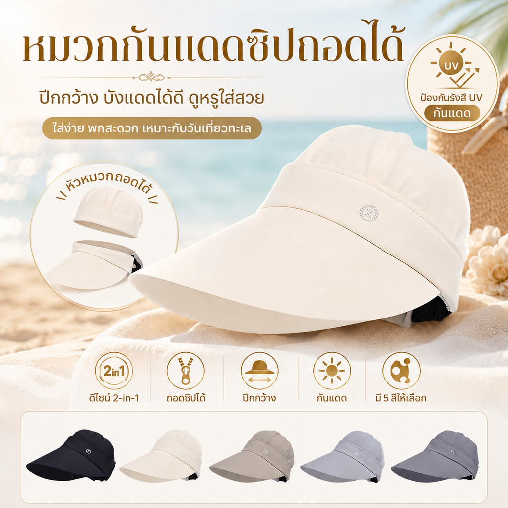 หมวกมีซิปถอดได้ ป้องกันแสงแดดเต็มหน้าสำหรับกิจกรรมกลางแจ้ง หมวกกันแดดแฟชั่นสำหรับฤดูร้อน ป้องกันรังสียูวี