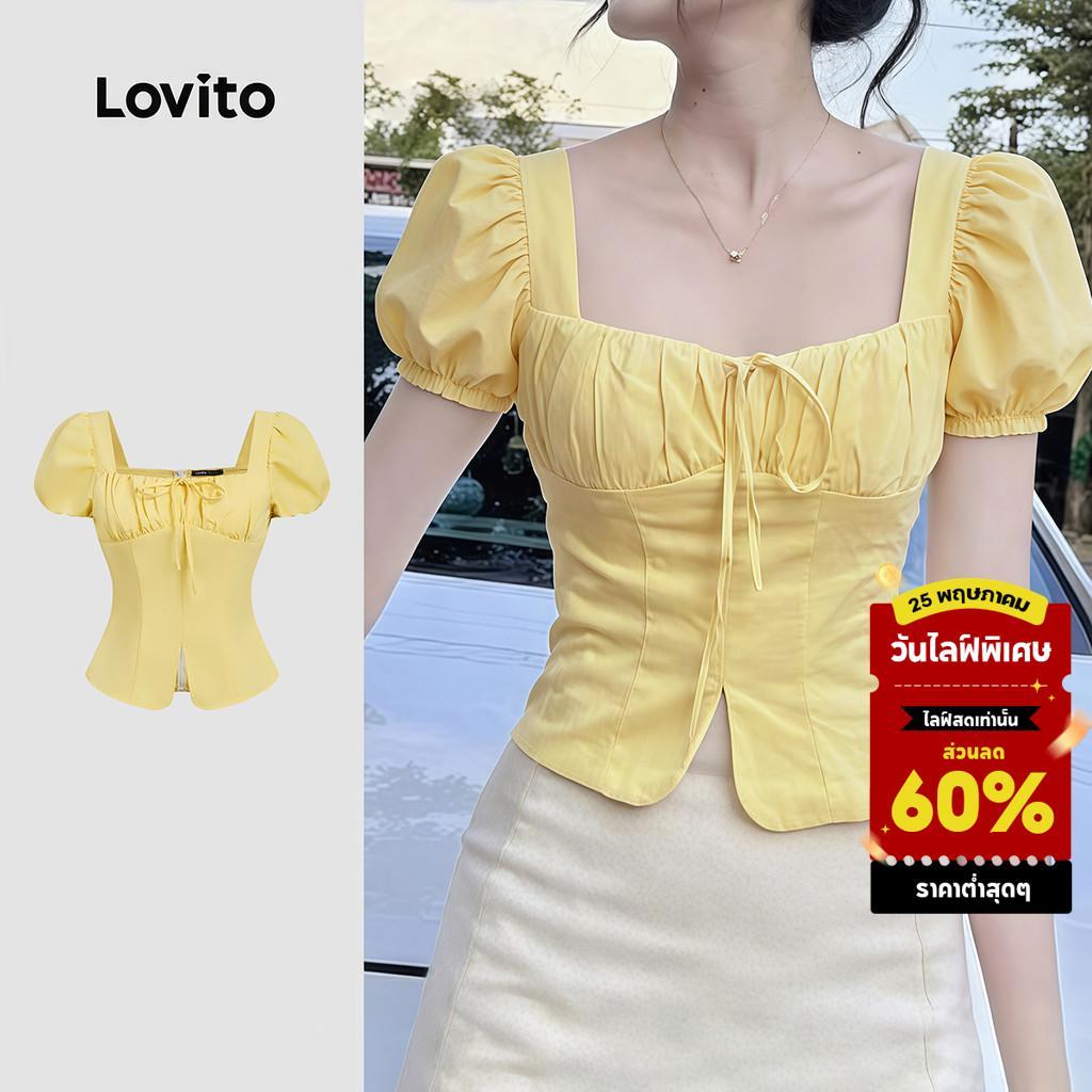 Lovito  เสื้อเชิ้ตผู้หญิงสีเหลืองสําหรับฤดูใบไม้ผลิ/ฤดูร้อน แต่งลูกไม้และจีบพลีท LK4ED1330