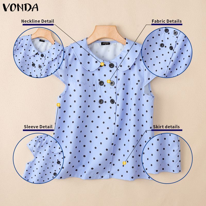 VONDA ผู้หญิงเกาหลีภาษาฝรั่งเศสคํา Girlish ตุ๊กตาคอปกแขนสั้น Double-Breasted Polka Dots A-Line เสื้อ — صورة 7
