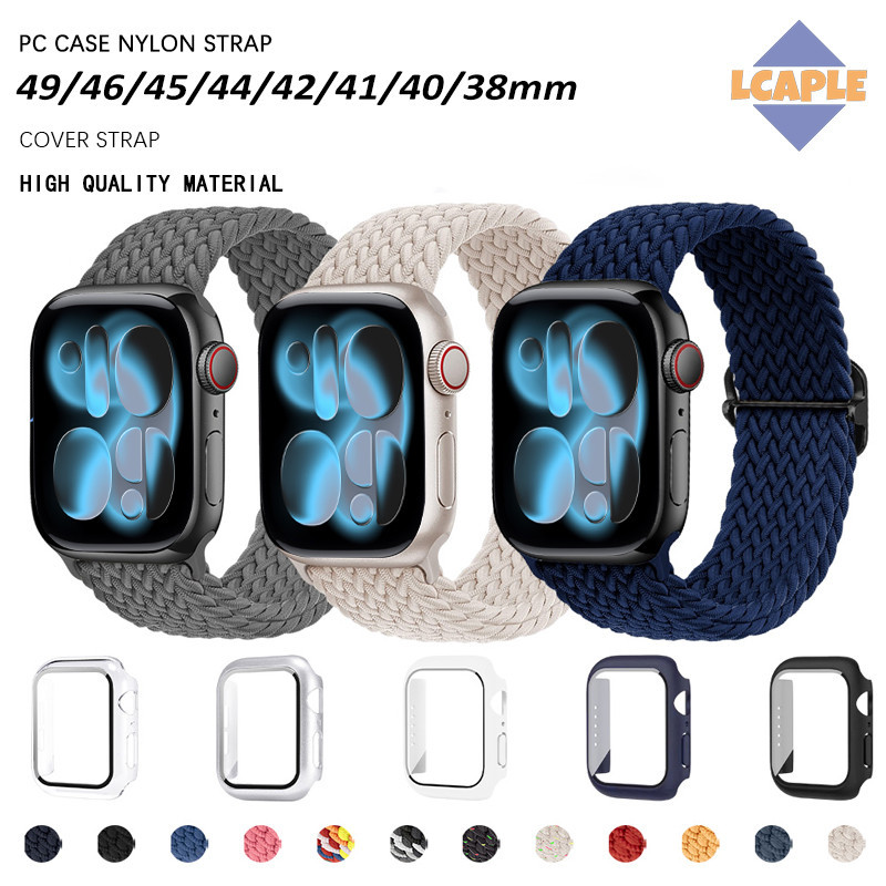 กระจกนิรภัย PC กรณีถักไนล่อนสายรัด for IWatch Apple Watch SE Ultra 3 2 49 มม. Series 11 10 9 46 45 44 42 41 40 38 มม.