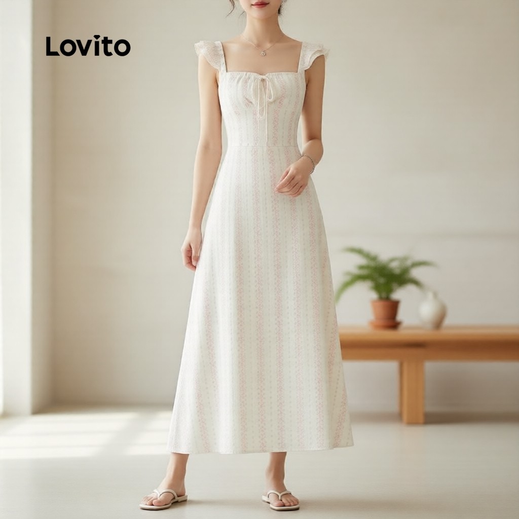 Lovito เดรสผู้หญิงสไตล์โบฮีเมียน ลําลอง เรียบง่าย เหมาะใส่ในฤดูใบไม้ผลิและฤดูร้อน รหัส LK5AD705