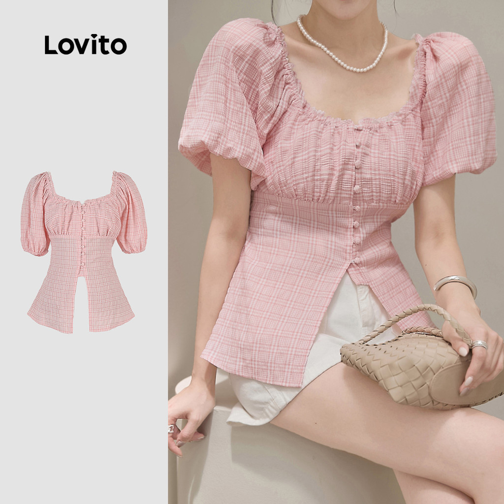 Lovito เสื้อลำลองสำหรับผู้หญิง เสื้อปาร์ตี้ เสื้อผ่าหน้าติดกระดุม เสื้อฤดูใบไม้ผลิ/ฤดูร้อน สีชมพู LK2ED746