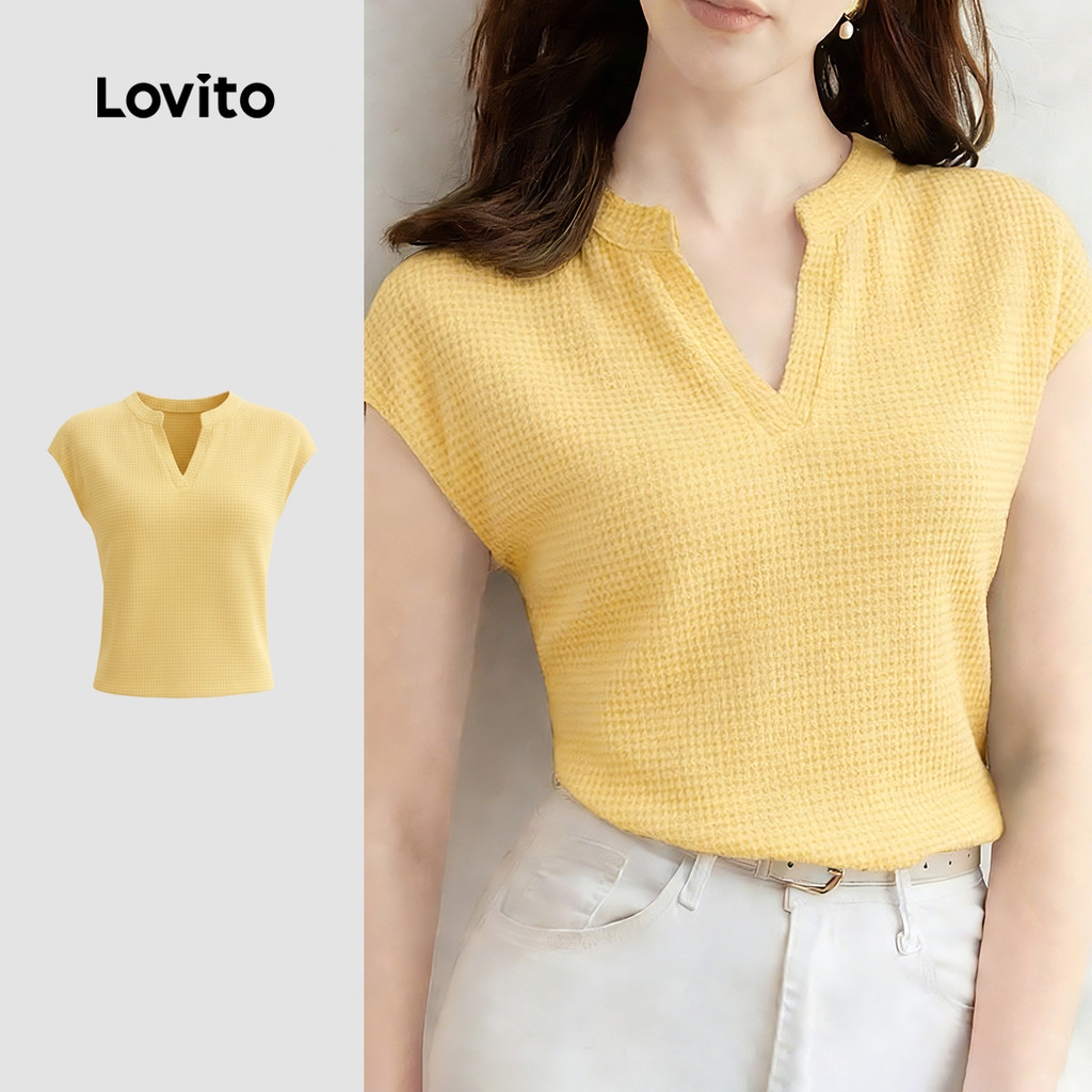 Lovito เสื้อยืดลําลองสีเหลืองเรียบง่ายและหลากหลายสไตล์คลาสสิกสําหรับฤดูใบไม้ผลิ/ฤดูร้อนสําหรับผู้หญิง LK5EDD147