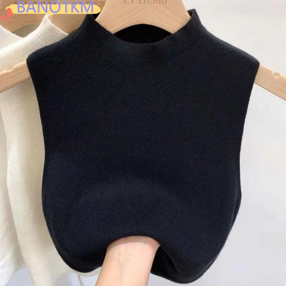BANO1KM เสื้อกั๊กถัก,เสื้อกล้ามแขนกุดครึ่งคอเต่า,สีทึบหรูหราSlimming Teesเสื้อยืดผู้หญิง