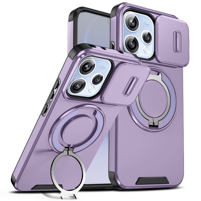 สําหรับ OPPO Reno 15 Pro Max 14 13 Pro Reno 15F 14F 13F 15 Pro Mini สไลด์กล้องเลนส์ป้องกันแหวนแม่เหล็กผู้ถือเคสโทรศัพท์ Kickstand Armor กันกระแทกซิลิโคนแข็งฝาครอบ