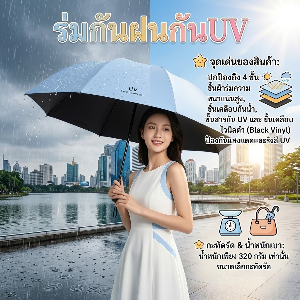 ร่มพับสไตล์มินิมอล ร่มกันแดด กันฝน กันแสงUV เคลือบไวนิลดำ โครงร่ม 8 ก้าน แข็งแรง น้ำหนักเบา พกพาสะดวก