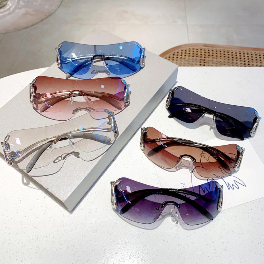 Y2K Rimless Wrap รอบแว่นตากันแดด,เลนส์ไล่ระดับสีอนาคต 1 ชิ้น Shield Shades, โลหะโค้งวัด UV400 แว่นตาปาร์ตี้กลางแจ้ง