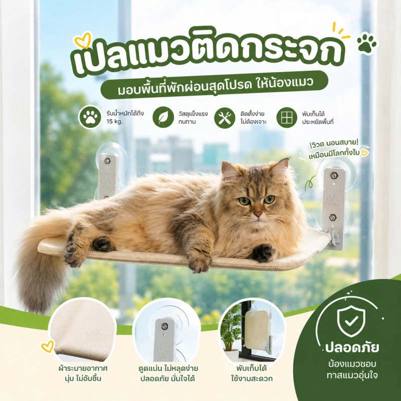 เปลแมวติดกระจก พับเก็บได้ รับน้ำหนักได้ถึง 15 kg. เปลแมว ที่นอนแมว เปลแมวติดหน้าต่าง 52*30ซม