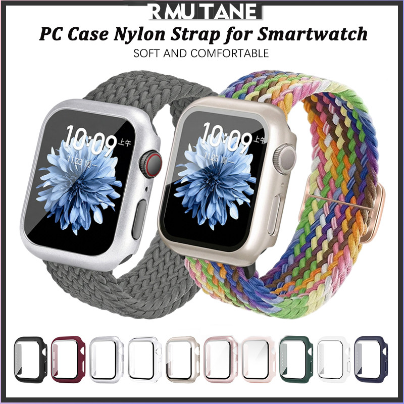 สายรัดไนล่อนครอบคลุมกรณีพีซี for IWatch Apple Watch SE Ultra 3 2 49 มม. Series 11 10 9 46 มม. 45 44 42 41 40 38 มม.