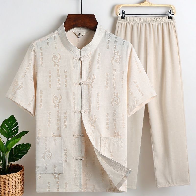 唐装男套装爸爸棉短袖夏装老年人衣服中老年汉服爷爷中国风男装Tang style men's middle-aged and elderly Chinese style Hanfu, father's 