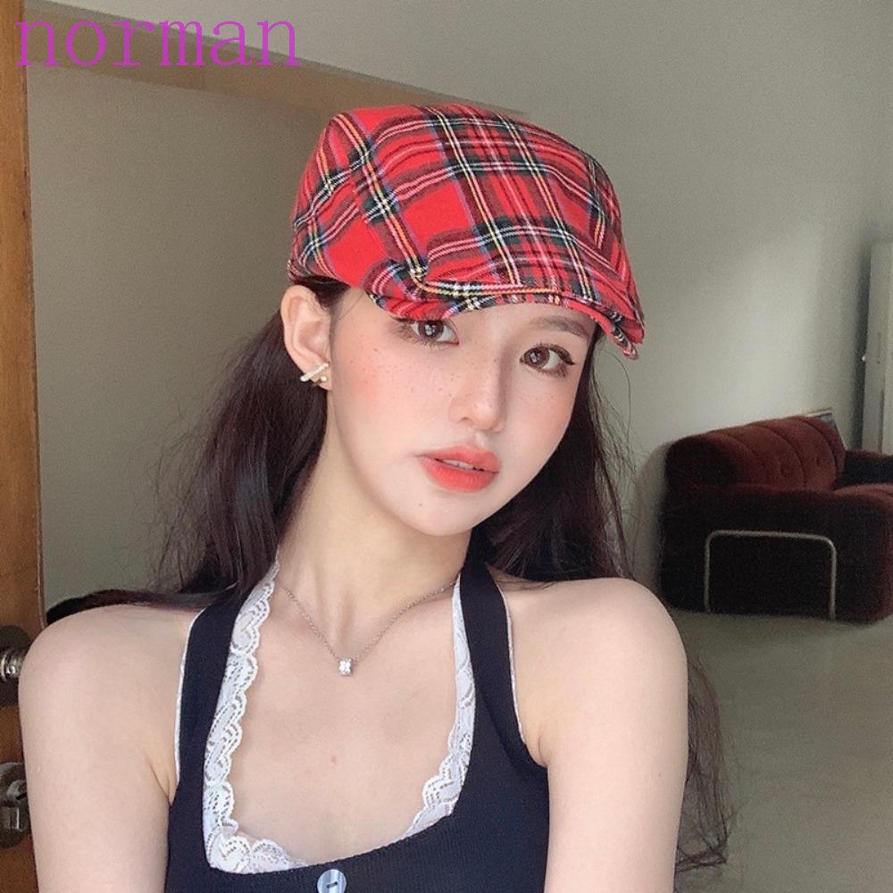 NORMAN หมวก Beret ลายสก๊อต ผ้าฝ้าย สไตล์ Retro British ปีกสั้น Simple Peaked Casquette หมวกจิตรกรทํางาน