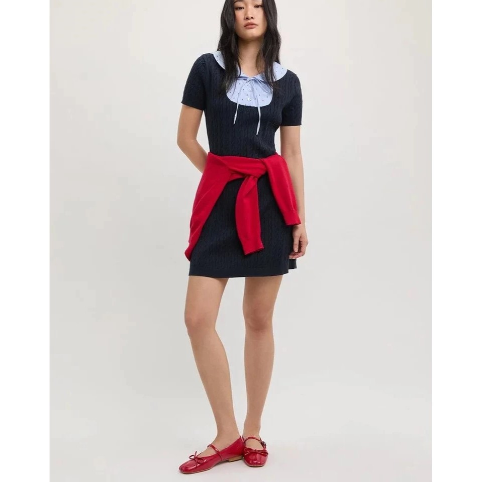 [Pomelo] เดรสสั้นผ้าถักคอปก / Collar Knit Mini Dress