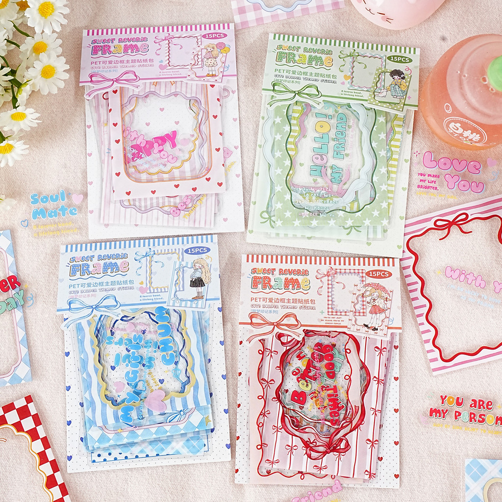 P PET Sticker Pack Sweet Dream Mark Series บัญชีมือชายแดนน่ารัก วัสดุ DIY สติ๊กเกอร์ตกแต่ง 15 แผ่นใน 4 แบบ