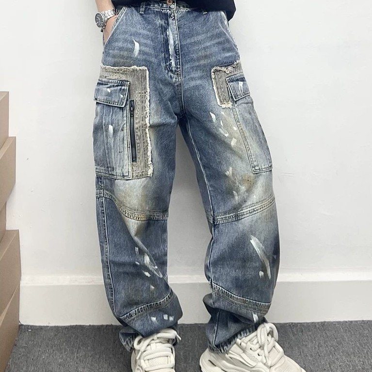 Street Wear Heavy Industry Washed Distressed Splash Ink Stitching Multi-pocket Overall Jeans Men Loo