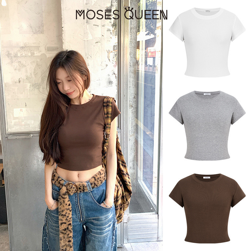 < MOSESQUEEN > เสื้อผ้าสกรีนแบบแขนสั้น ชุดพื้นฐานฤดูร้อน ขนาดเล็ก รูปทรงหลวม ด้านหน้า ไหล่ คอต้องห้าม เสื้อผ้าสกรีนแบบคอปก ลำตัวเรียบ สีเดียว #63435