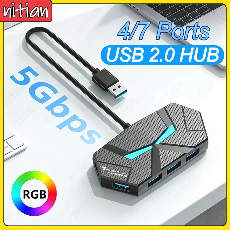 อะแดปเตอร์ฮับ USB 2.0 หลายพอร์ต 4 พอร์ต/7 พอร์ตสถานีเชื่อมต่อ USB 7-in-1 ตัวแยกขยายการถ่ายโอนข้อมูลขั้วต่อ USB พร้อมแสงโดยรอบสีสันสดใส