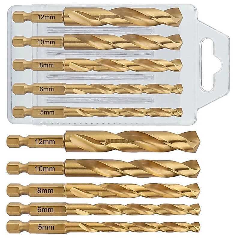 C 5Pcs 5/6/8/10/12Mm Titanium Coated HSS M2 Twist Drill Bit 100Mm With 6.35Mm Hex Shank Drill Bit F