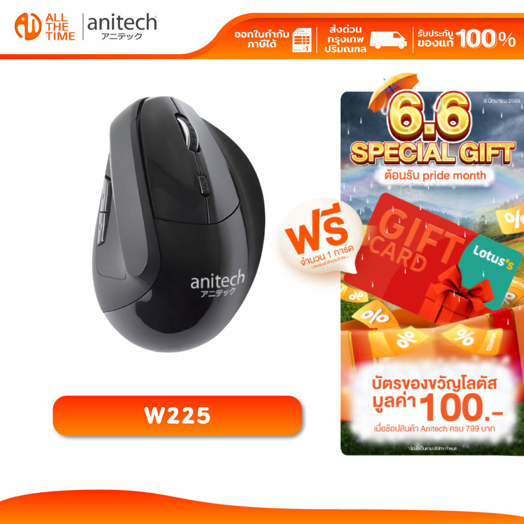 ANITECH W225 WIRELESS MOUSE ERGONOMIC DESIGN เม้าส์ไร้สาย ดีไซน์เพื่อสุขภาพ