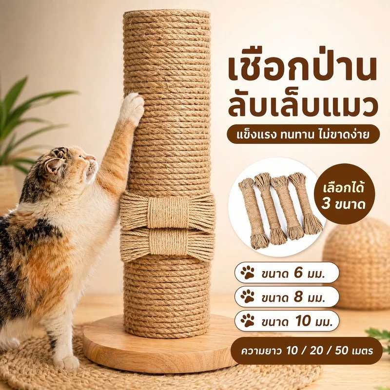เชือกป่านลับเล็บแมว เชือกป่านศรนารายณ์ เชือกพันเสาแมว โครงปีนแมว diy ซ่อมคอนโดแมว 6 8 10 20
