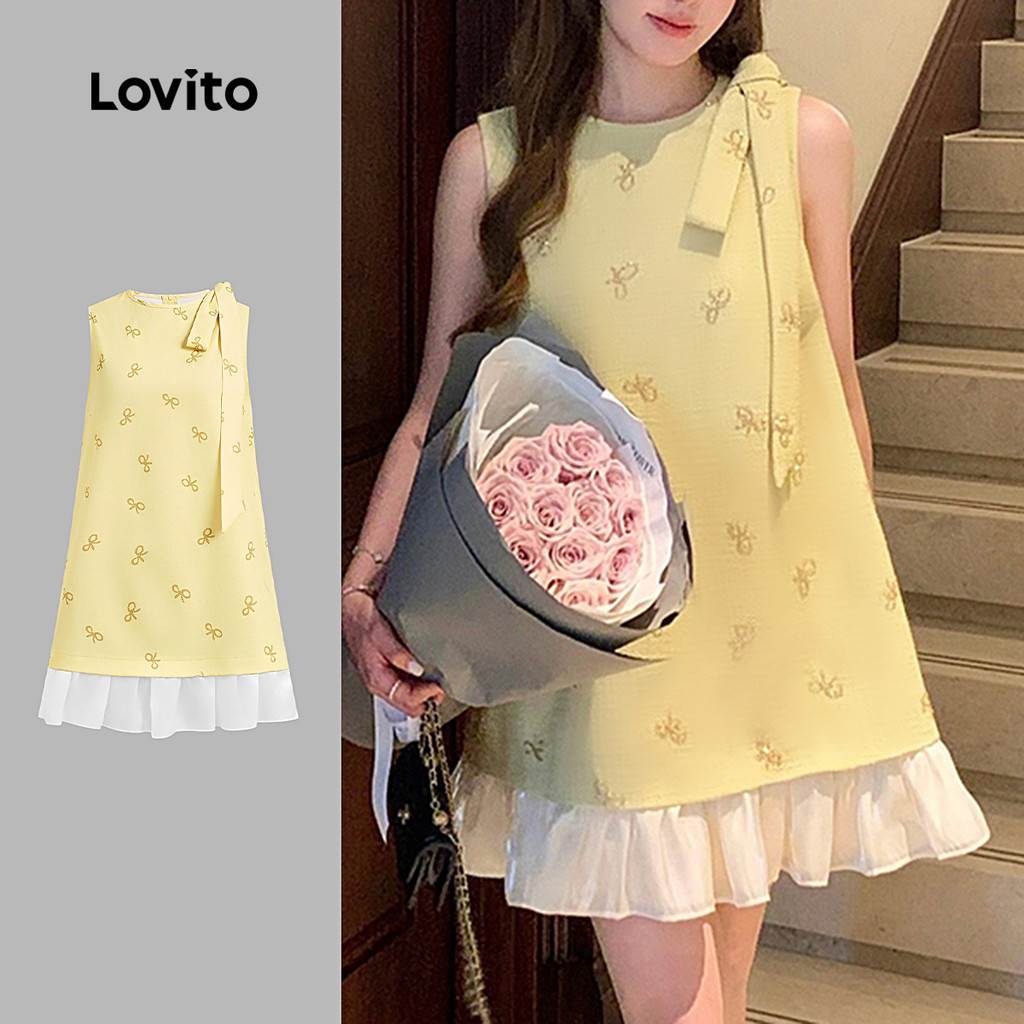 Lovito สง่างาม ชุดเดรสน่ารักสีบล็อก สำหรับหญิงสาว สีเหลือง ฤดูใบไม้ผลิ/ฤดูร้อน L156AD125