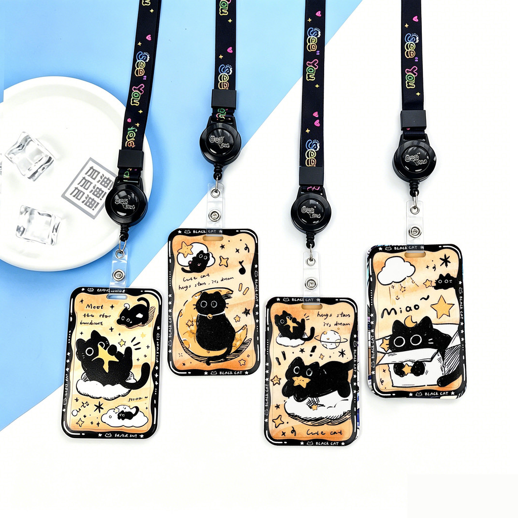 น่ารักสีดําแมวผู้ถือบัตรที่มีเชือกเส้นเล็กหด,ผู้ถือป้าย รหัส สุนทรียศาสตร์สําหรับสํานักงานนักเรียน,การ์ตูนนูนลูกแมวออกแบบชื่อแท็ก เอซ การ์ด