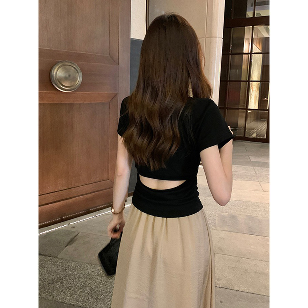 Be Careful Backless สั้นผู้หญิงฤดูร้อนออกแบบ Niche Slim-fit Slimmer ดูหวานเผ็ดอย่างเป็นทางการไหล่แขน