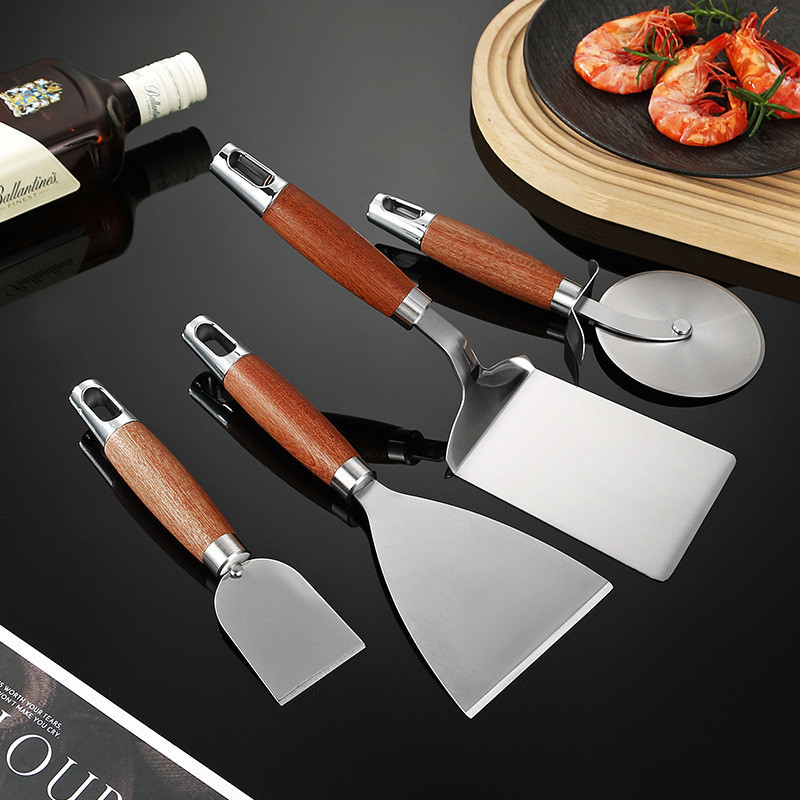 OUKEAI ไม้พายทอดสแตนเลส Rosewood Handle ไม้พายทําอาหารเทปันยากิปลาไม้พายทอดพิซซ่ามีด Roller เครื่องมือเบเกอรี่ในครัวเรือน